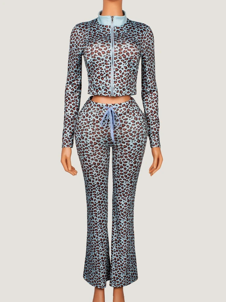 Women's Leopard Print Long Sleeve Crop Two Piece Set