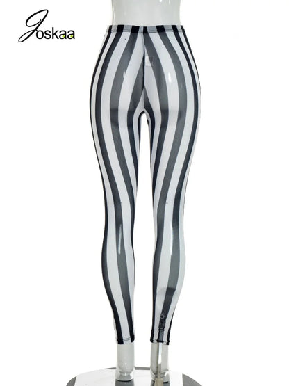 Women's Striped Mesh Bodycon Pants Vertical Stripe Leggings - Detail View