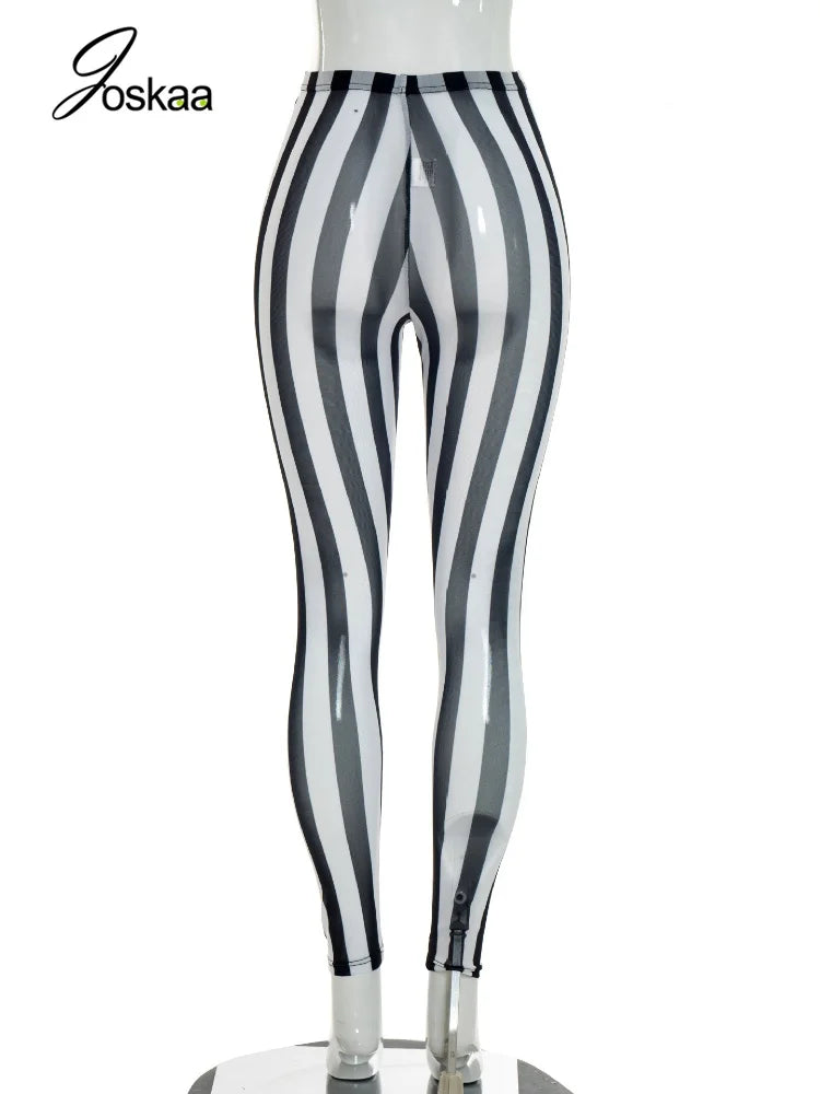 Women's Striped Mesh Bodycon Pants Vertical Stripe Leggings - Detail View