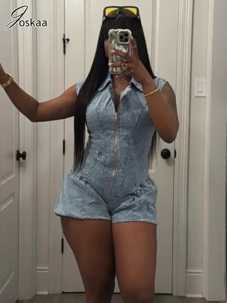 Women's Denim Sleeveless Bodycon Zip Romper – Women's Fashion Wholesale – Front View