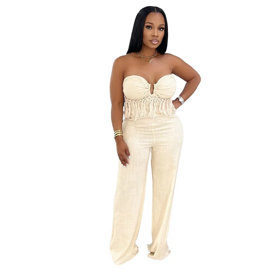 Women's Backless Strapless Flare Zip Wide Leg Romper