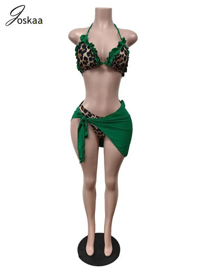 Women's Leopard Print Halter Mini Bikini Set Red – Back View