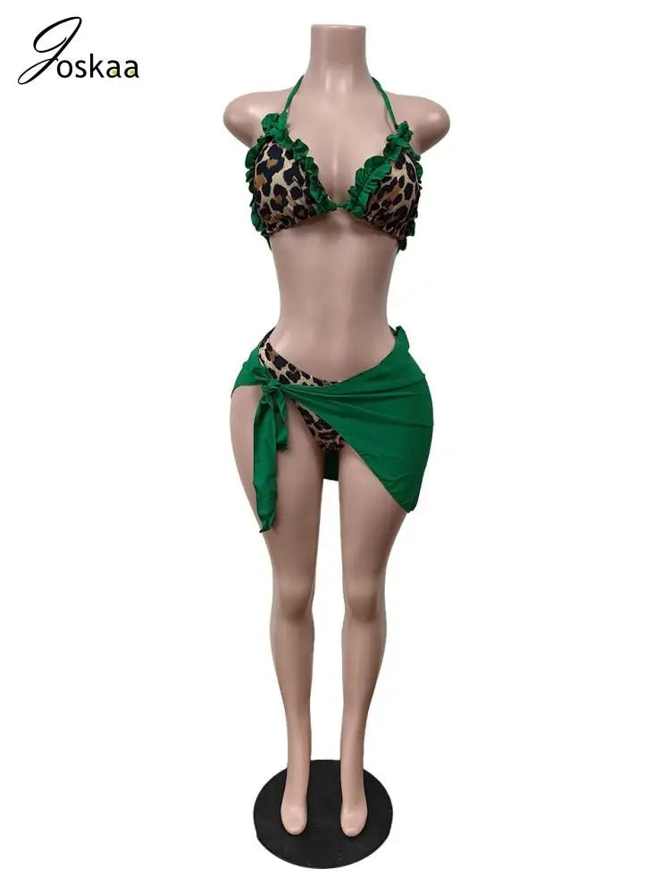 Women's Leopard Print Halter Mini Bikini Set Red – Back View