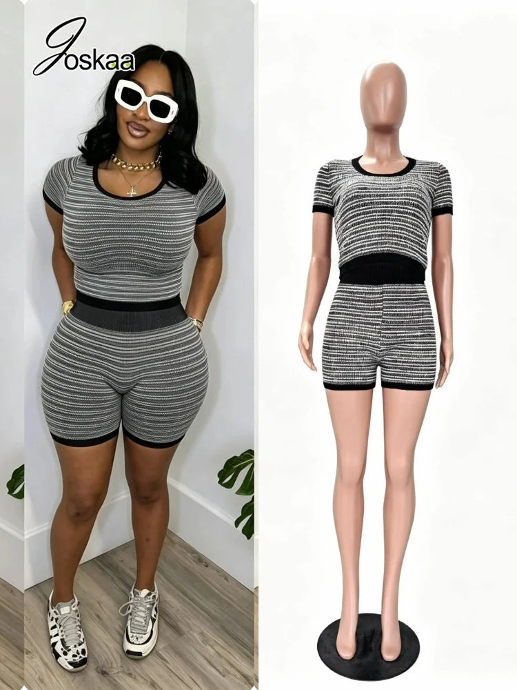Women's Stripe Knit Short Sleeve Two Piece Set – Women's Fashion Wholesale – Front View