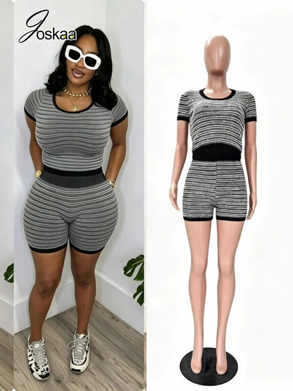 Women's Stripe Knit Short Sleeve Two Piece Set – Women's Fashion Wholesale – Front View