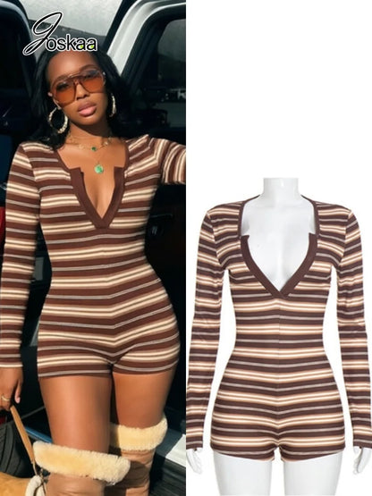 Women's Striped V-neck Long Sleeve Bodycon Romper - Women's Fashion Wholesale - Front View