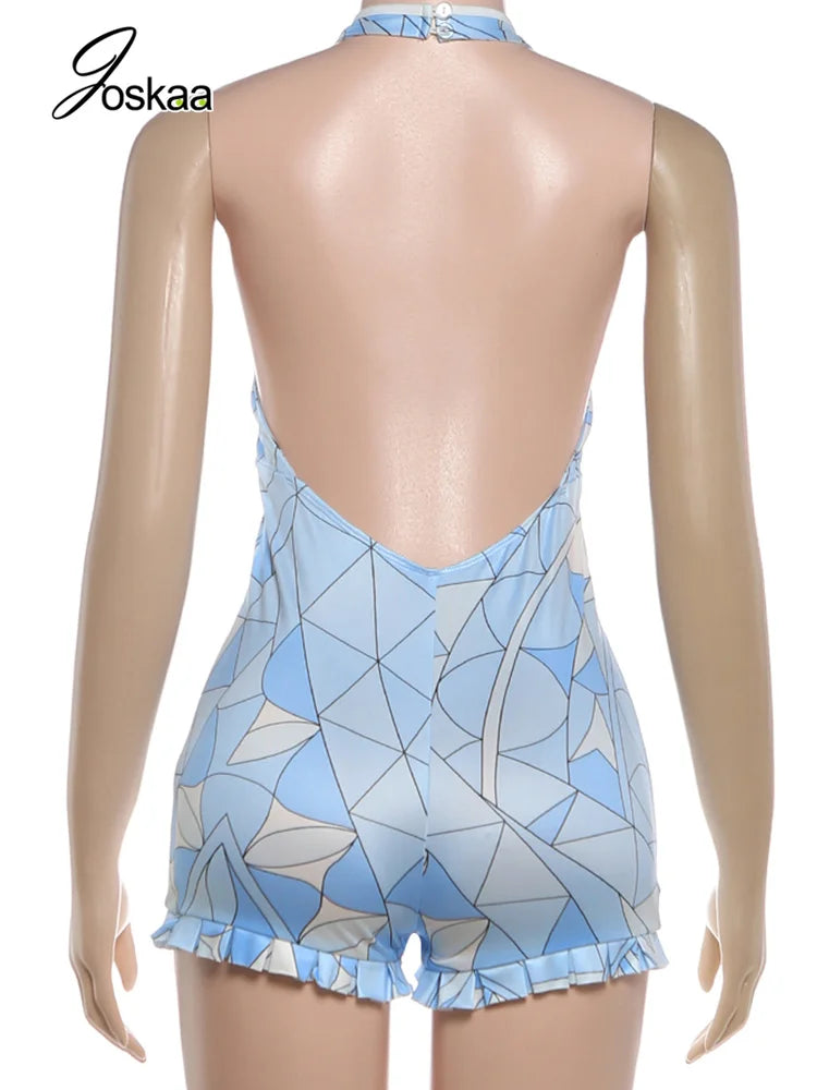 Women's Backless Halter Sleeveless Romper Blue – Detail View
