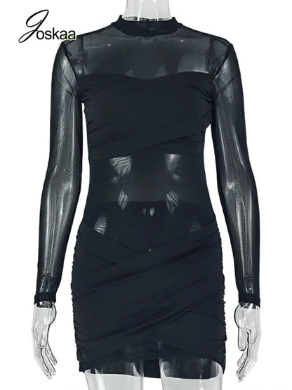 Women's Mesh Ruched Long Sleeve Bodycon Mini Dress - Back View