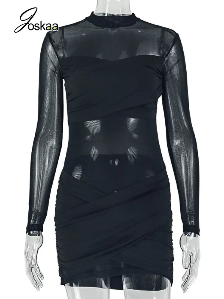 Women's Mesh Ruched Long Sleeve Bodycon Mini Dress - Back View