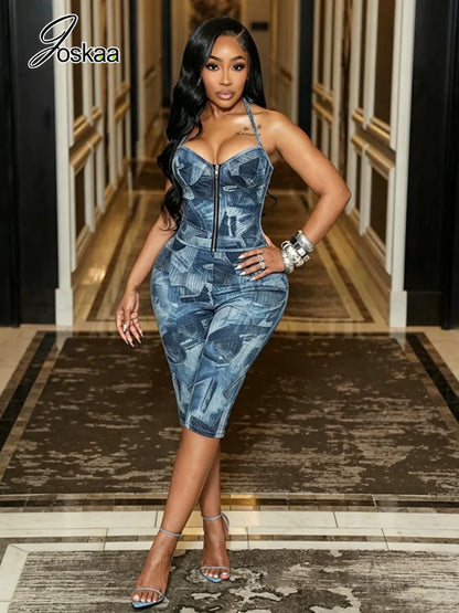Women's Denim Print Halter Zip Up High Waist Two Piece Set - Front View
