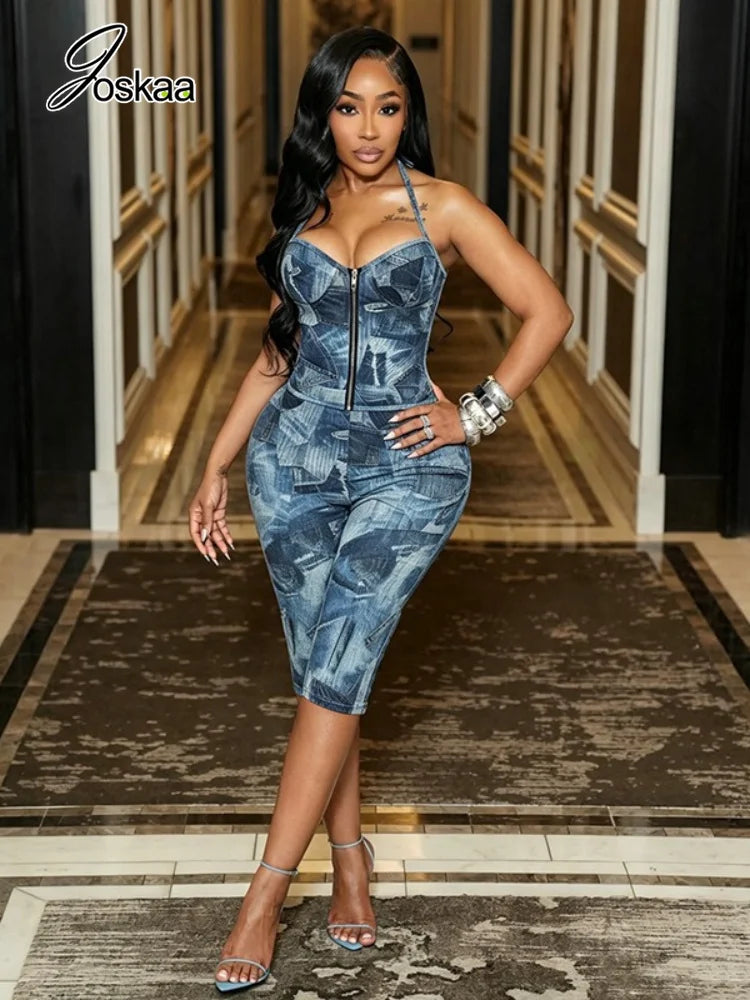 Women's Denim Print Halter Zip Up High Waist Two Piece Set - Front View