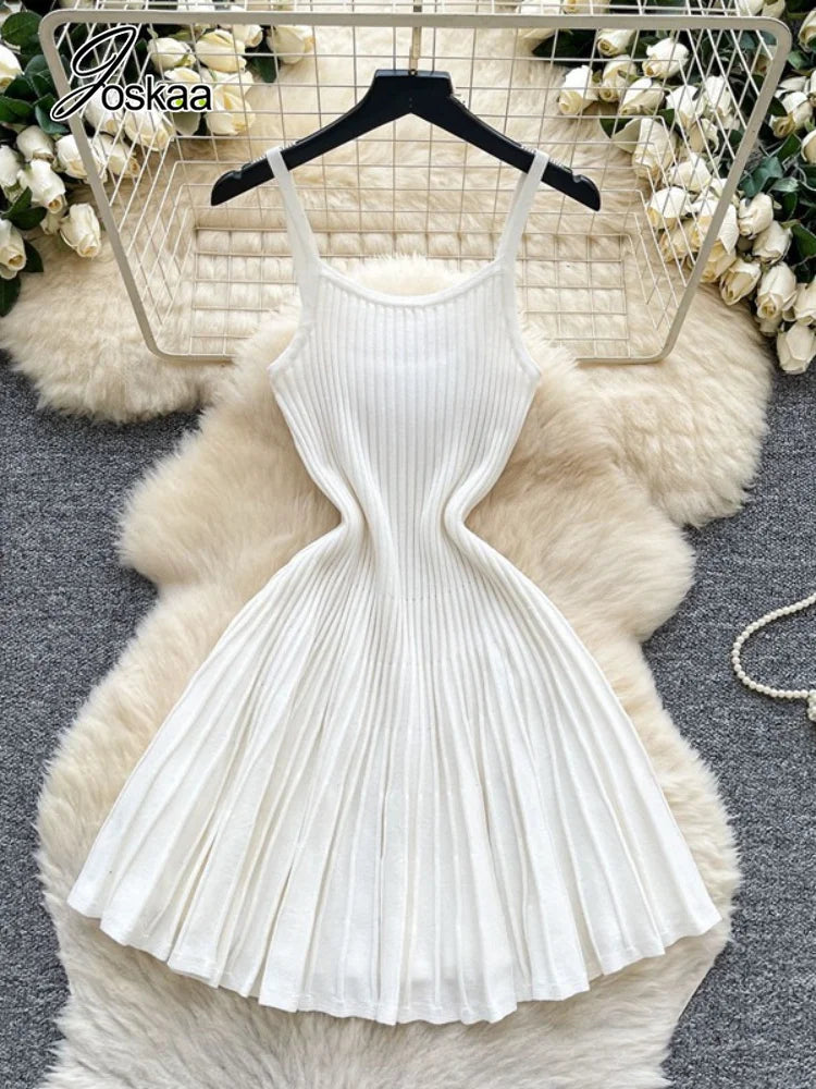 Women's Stripe Knit Sleeveless Ribbed Pleated Dress Black White – Back View