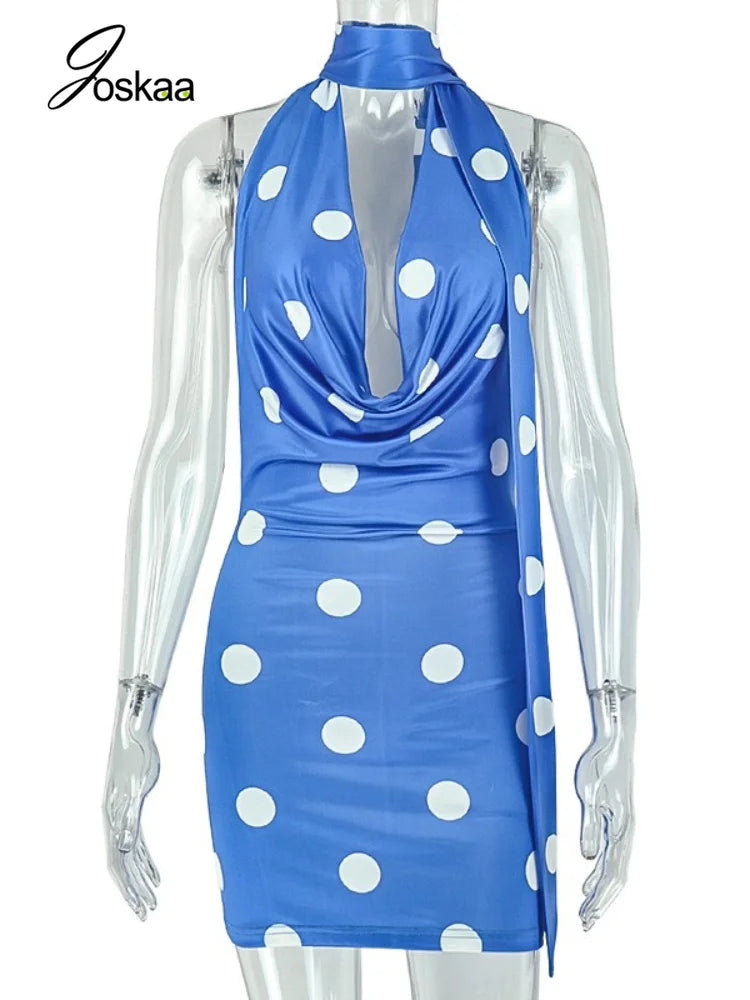 Women's Polka Dot Backless Halter Bodycon Mini Dress - Back View