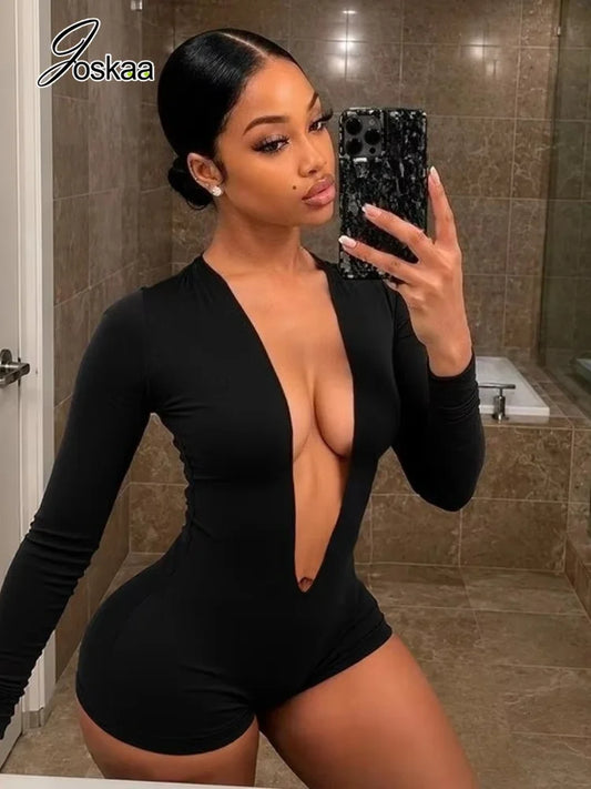Women's V-neck Long Sleeve Bodycon Romper - Front View