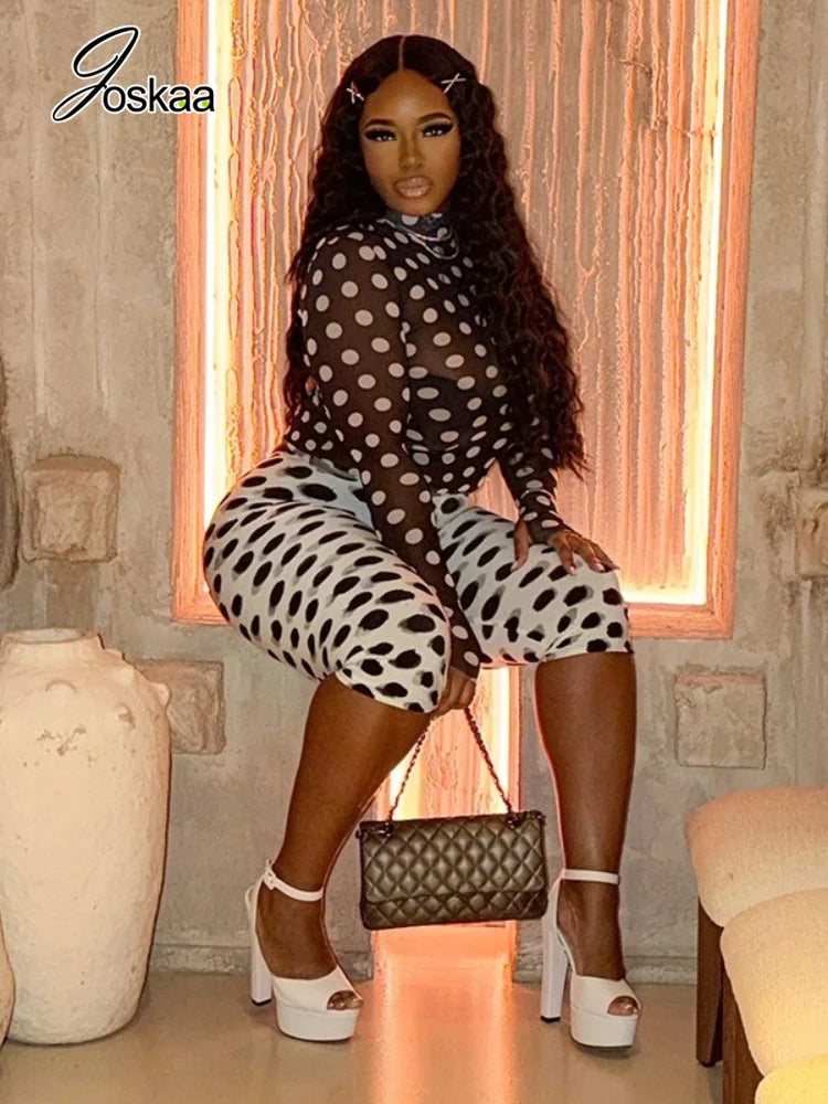 Women's Polka Dot Mesh Long Sleeve Two Piece Set - Detail View 2