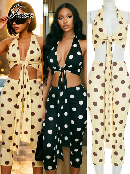 Women's Polka Dot V-neck Halter High Waist Two Piece Set - Front View