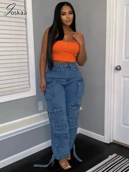 Women's Denim High Waist Pockets Cargo Jeans Pants Light Blue – Back View