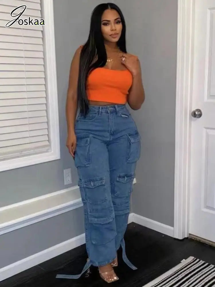 Women's Denim High Waist Pockets Cargo Jeans Pants Light Blue – Back View