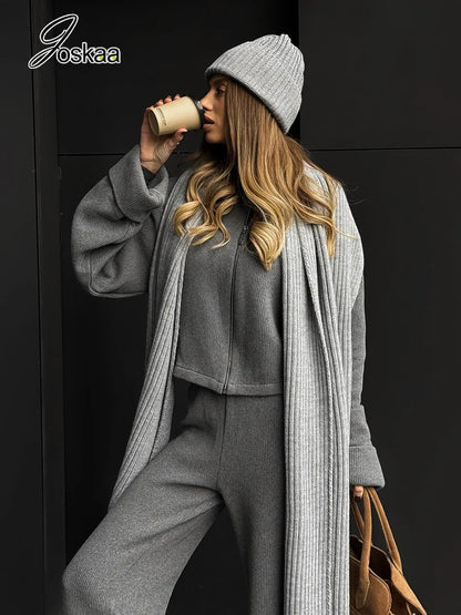 Women's Knit Long Sleeve Ribbed Zip Wide Two Piece Set Gray – Back View