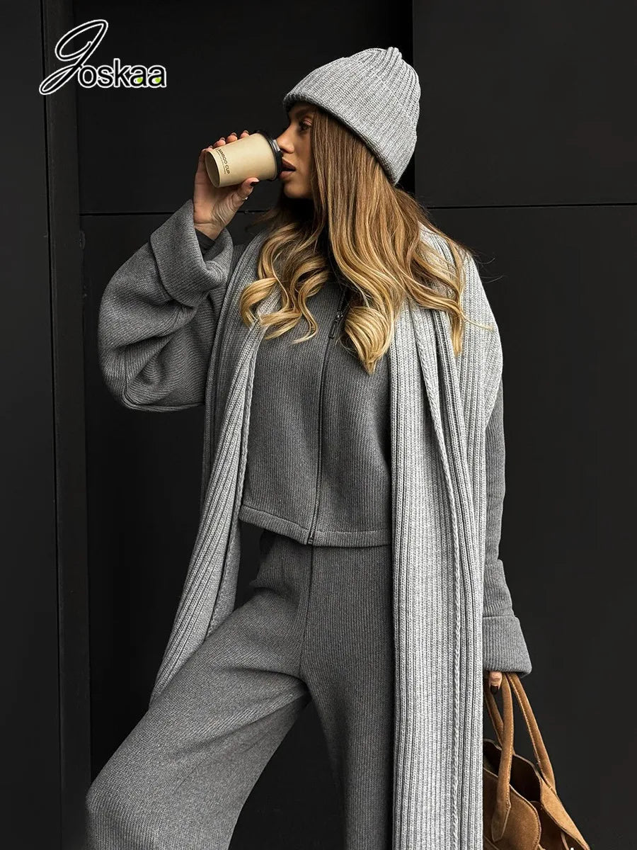 Women's Knit Long Sleeve Ribbed Zip Wide Two Piece Set Gray – Back View