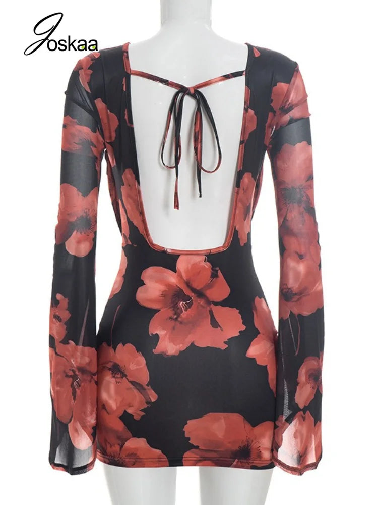 Women's Floral Print Mesh Bodycon Wide Leg Mini Dress - Detail View
