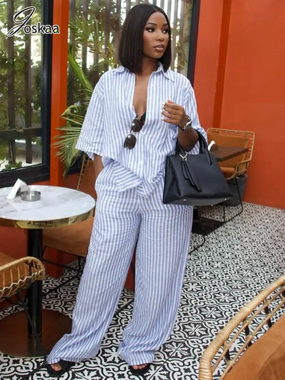 Women's Stripe Short Sleeve Flare Two Piece Set – Women's Fashion Wholesale – Front View