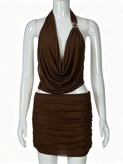 Women's Mesh Ruched Backless Two Piece Set