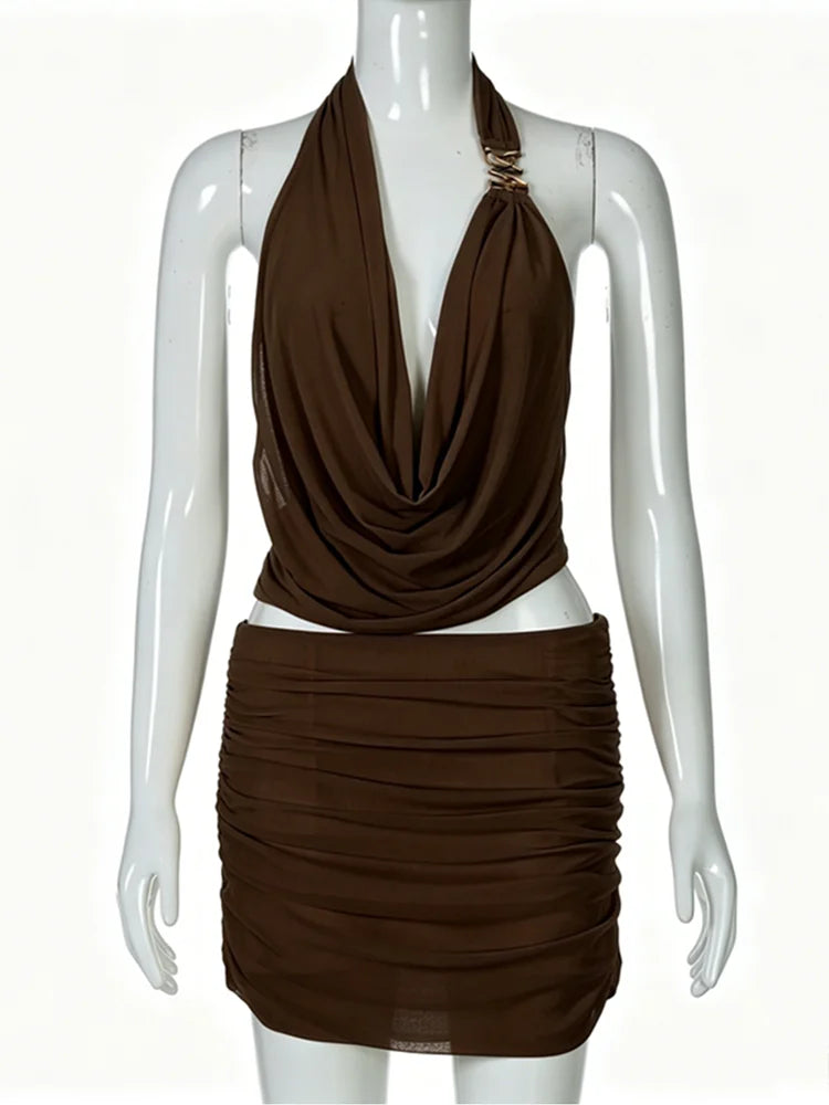 Women's Mesh Ruched Backless Two Piece Set