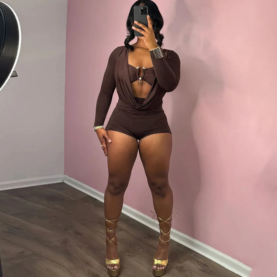 Women's Long Sleeve Bodycon Metal Buckle Decorate Romper