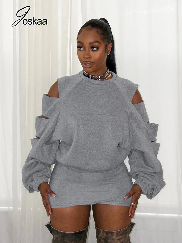 Women's Cutout Long Sleeve Two Piece Set Gray – Front View
