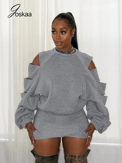 Women's Cutout Long Sleeve Two Piece Set Gray – Front View