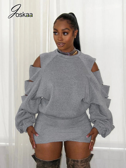 Women's Cutout Long Sleeve Two Piece Set Gray – Front View