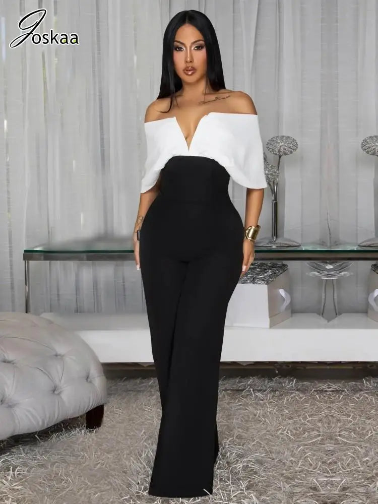 Women's Backless Strapless Flare Wide Leg Romper Black White – Front View