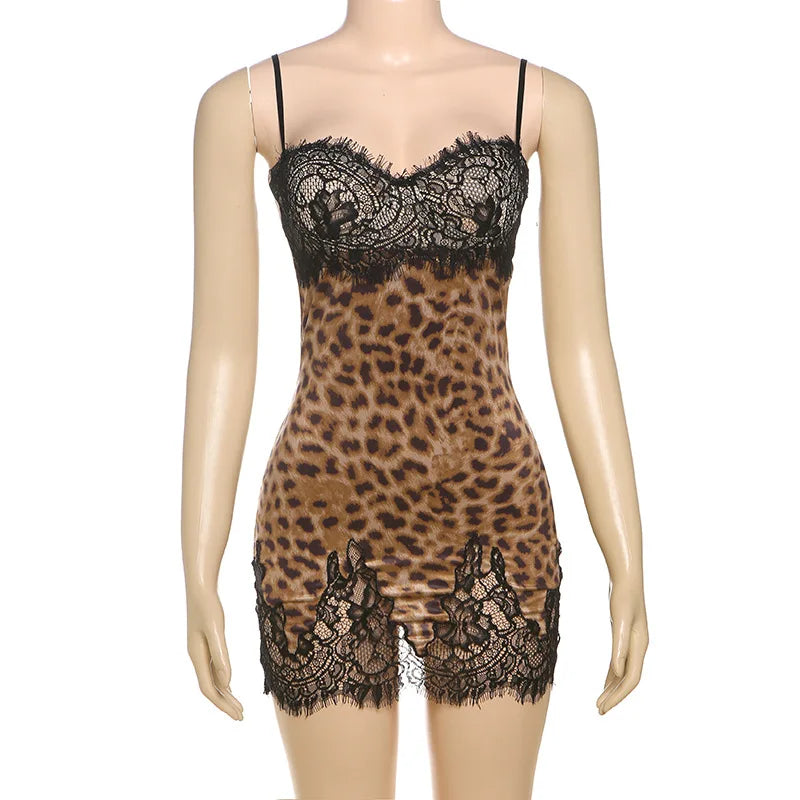 Women's Leopard Print Lace Backless Mini Dress