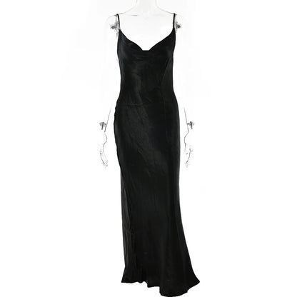 Women's Satin Backless Solid Spaghetti Strap Maxi Dress