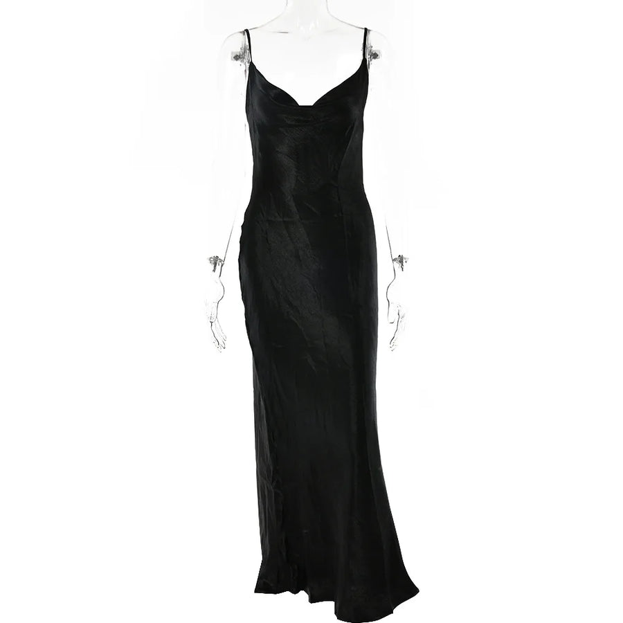 Women's Satin Backless Solid Spaghetti Strap Maxi Dress