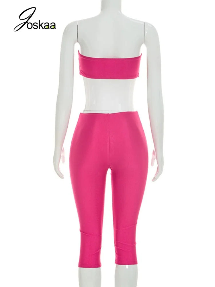 Women's Strapless Crop High Waist Two Piece Set Rose Red – Detail View