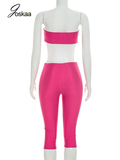 Women's Strapless Crop High Waist Two Piece Set Rose Red – Detail View