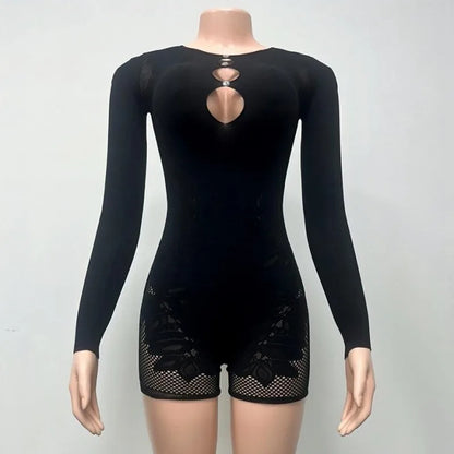 Women's Rhinestone Lace Cutout Long Sleeve Romper