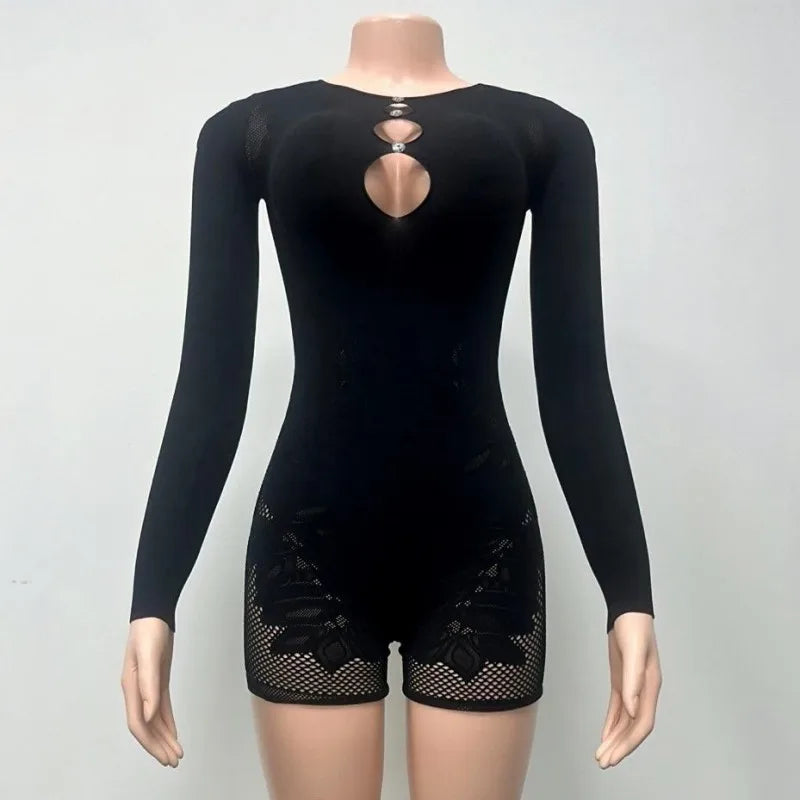 Women's Rhinestone Lace Cutout Long Sleeve Romper