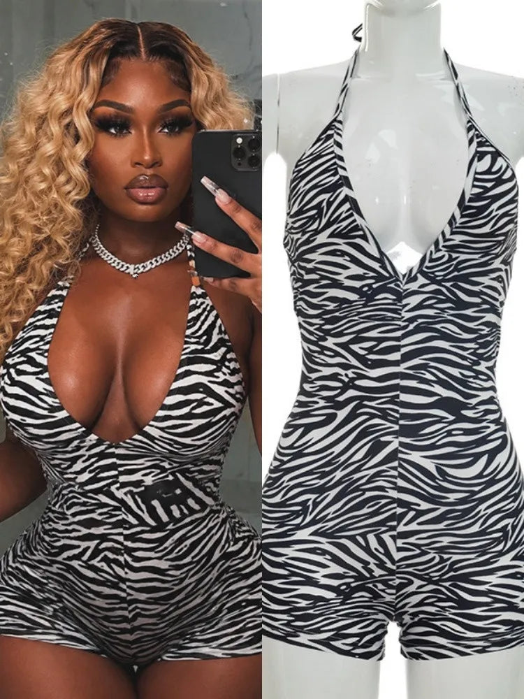 Women's Zebra Print Striped V-neck Halter Romper - Detail View 7