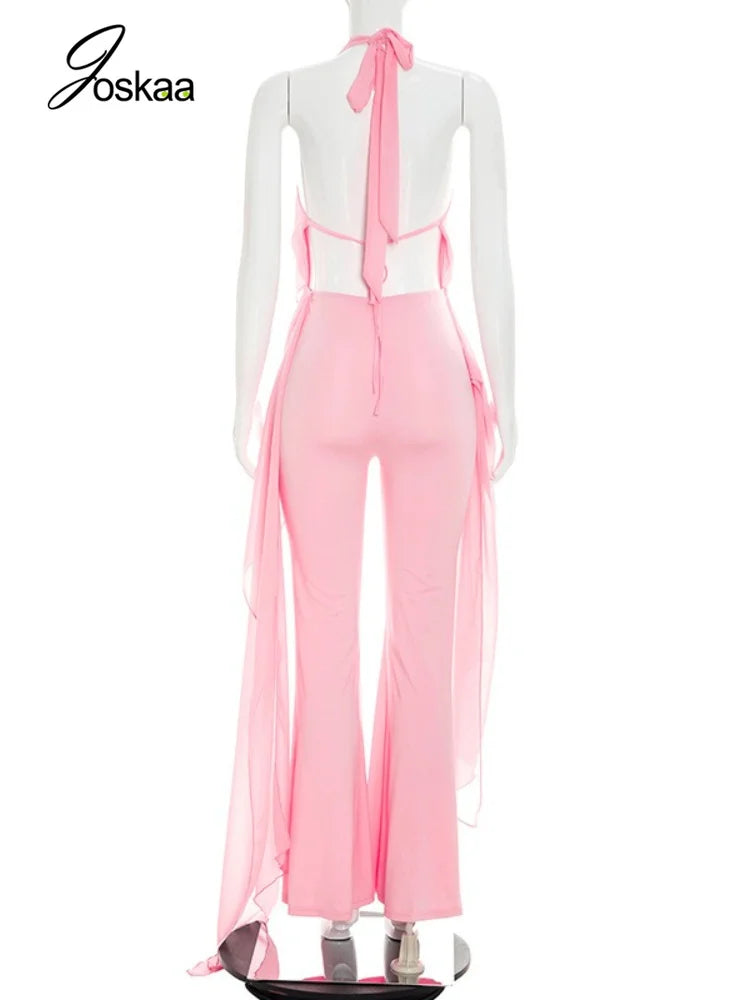 Women's Backless V-neck Halter Sleeveless Romper - Detail View