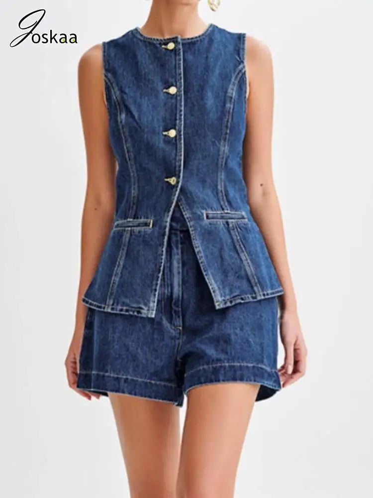 Women's Denim Sleeveless High Waist Two Piece Set – Women's Fashion Wholesale – Front View