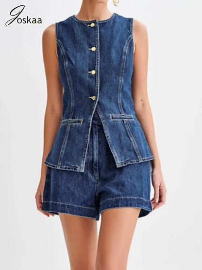 Women's Denim Sleeveless High Waist Two Piece Set – Women's Fashion Wholesale – Front View