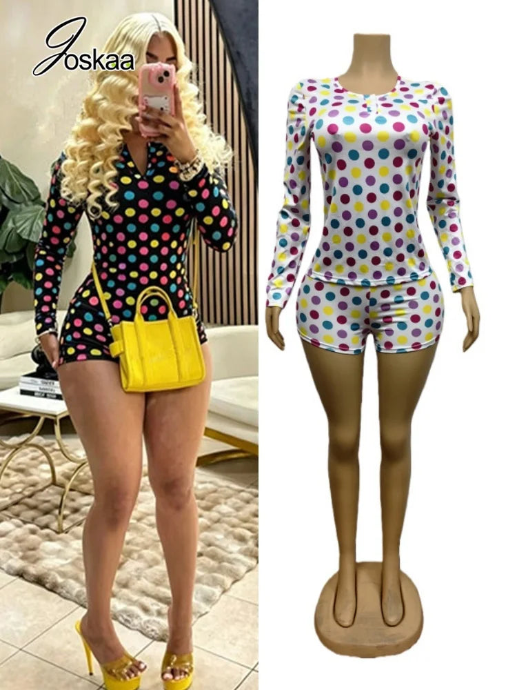 Women's Polka Dot Long Sleeve High Waist Two Piece Set - Women's Fashion Wholesale - Front View