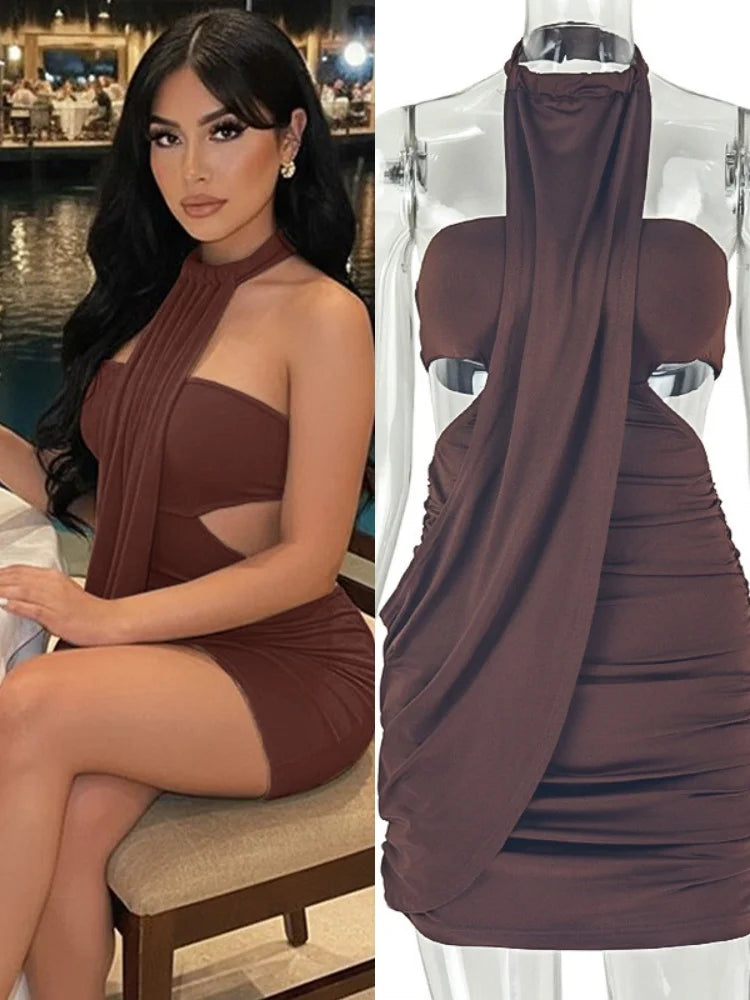 Women's Ruched Backless Cutout Halter Mini Dress - Additional View 8