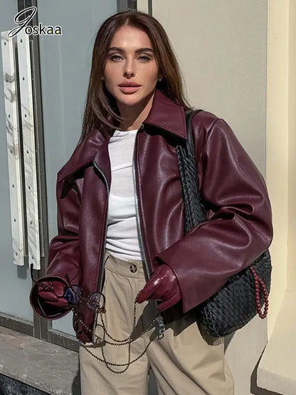 Women's Faux Leather Long Sleeve Zip Jacket Red – Side View