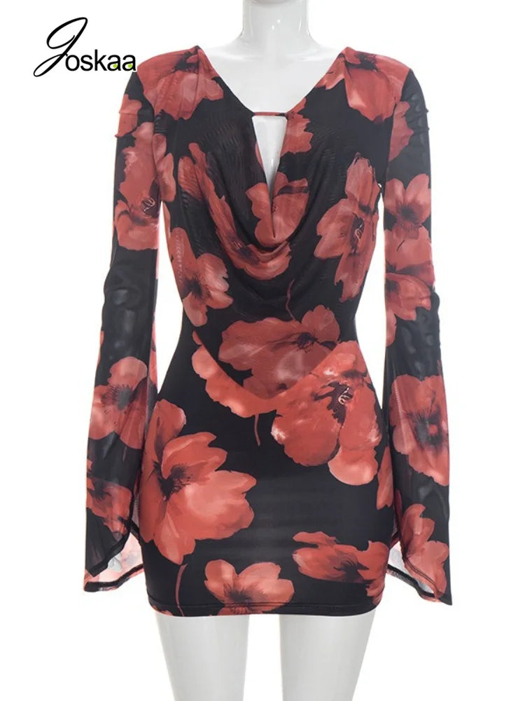 Women's Floral Print Mesh Bodycon Wide Leg Mini Dress - Back View