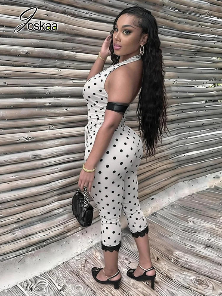 Women's Polka Dot Lace Backless V-neck Romper - Front View
