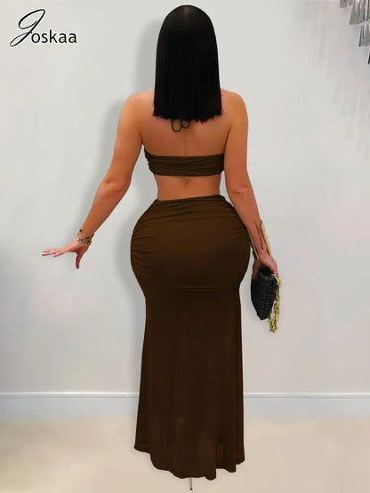 Women's Ruched Halter Crop Two Piece Set Coffee – Side View